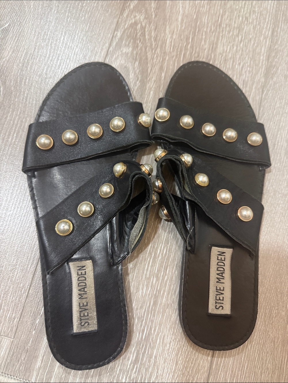 Steve Madden Black Slide Sandals with Gold Pearl Studs US 5